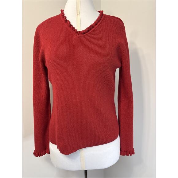 Y2K Vintage Liz Claiborne Red Shimmer Ruffle Trim Holiday Sweater L - Picture 2 of 13